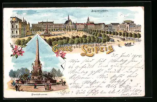 Lithographie Leipzig, Augustusplatz, Mendebrunnen