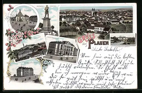 Lithographie Plauen, Gesamtansicht, Rathaus, Schloss, Bismarck-Denkmal
