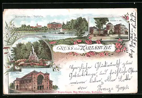 Lithographie Karlsruhe, Festhalle, Nymphen-Gruppe, Stadtgarten See