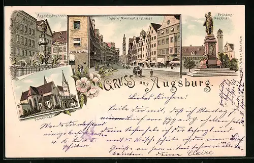 Lithographie Augsburg, Augustusbrunnen, Friedensdenkmal, Domkirche