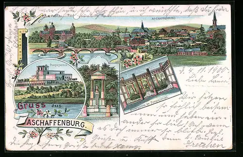 Lithographie Aschaffenburg, Gesamtansicht, Pompejanum