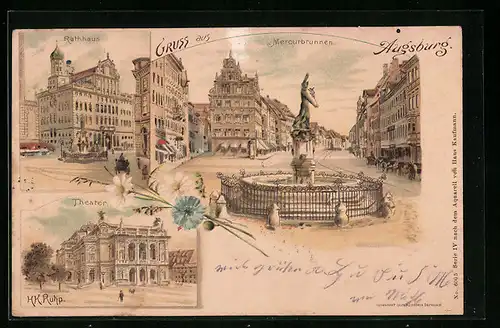 Lithographie Augsburg, Rathaus, Theater, Mercurbrunnen