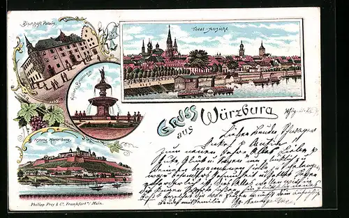 Lithographie Würzburg, Totalansicht, Festung Marienberg, Bischöfl. Palais