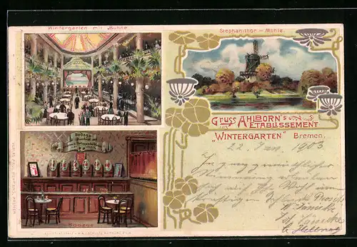Lithographie Bremen, Ahlborn`s Etablissement Wintergarten