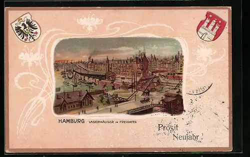 Passepartout-Lithographie Hamburg, Lagerhäuser im Freihafen, Wappen