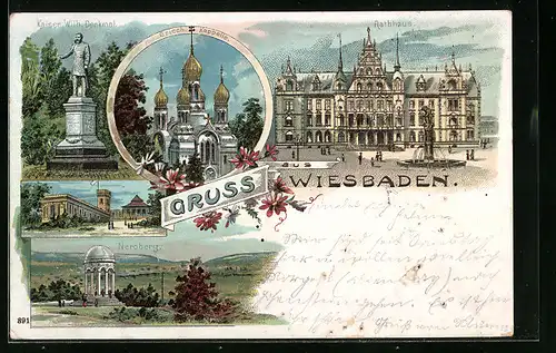 Lithographie Wiesbaden, Griech. Kapelle, Rathaus, Neroberg