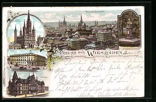 Lithographie Wiesbaden, Totalansicht der Stadt, die Evangel. Hauptkirche, das Schloss, das Rathaus