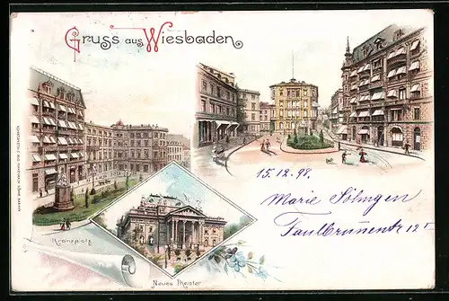 Lithographie Wiesbaden, Kranzplatz, Neues Theater