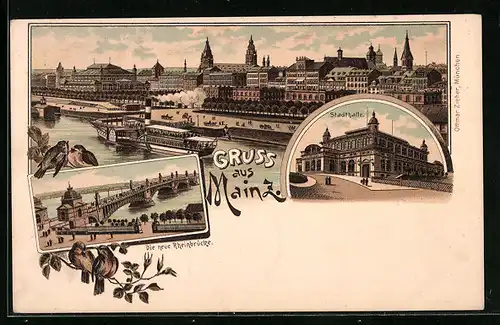 Lithographie Mainz, Uferpartie mit Dampfer, Neue Rheinbrücke