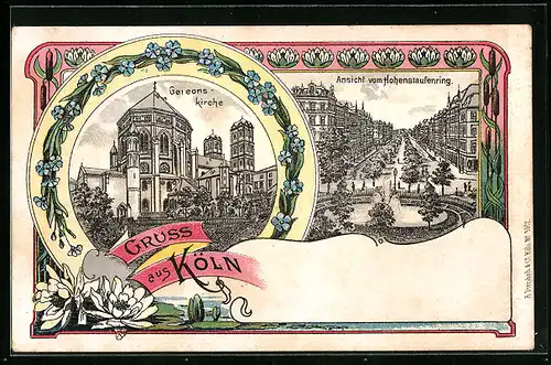 Lithographie Köln, Gereons-Kirche, Ansicht vom Hohenstaufenring