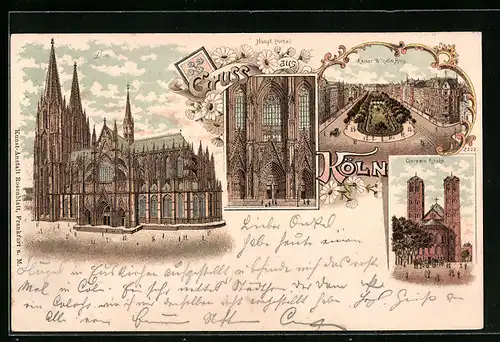 Lithographie Köln, Dom, Haupt-Portal, Kaiser Wilhelm Ring, Gereons Kirche