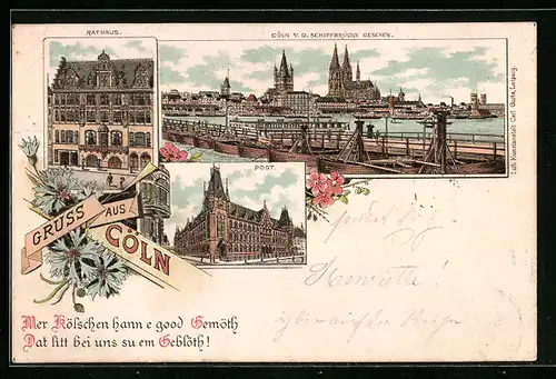 Lithographie Köln, Rathaus, Post, Schiffbrücke