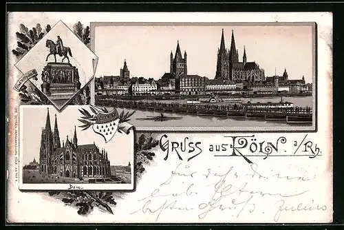 Lithographie Köln, Panorama vom Rhein aus, Dom, Stadtwappen