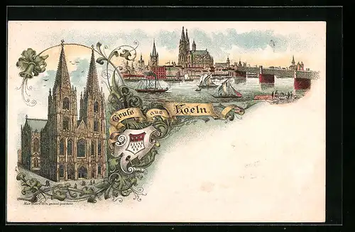 Lithographie Köln, Dom und Schiffspartie