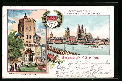 Lithographie Köln, Severinsthor, Schiffbrücke