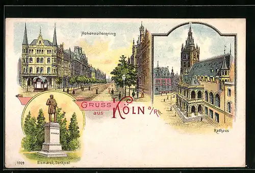 Lithographie Köln, Hohenzollernring, Bismarck-Denkmal, Rathaus