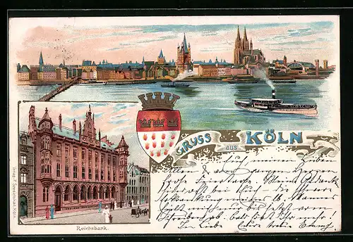 Lithographie Köln, Reichsbank, Dampfer, Wappen