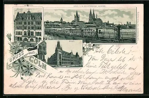 Lithographie Köln, Stadt von Schiffbrücke gesehen, Rathaus, Post