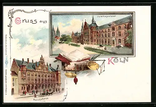 Lithographie Köln, Justizpalast und Reichsbank