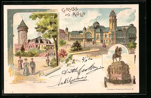 Lithographie Köln, Ulrepforte, Bahnhof, Denkmal Friedrich Wilhelm III.