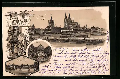 Lithographie Köln, Teilansicht mit Pontonbrücke, Volksgarten, Flora