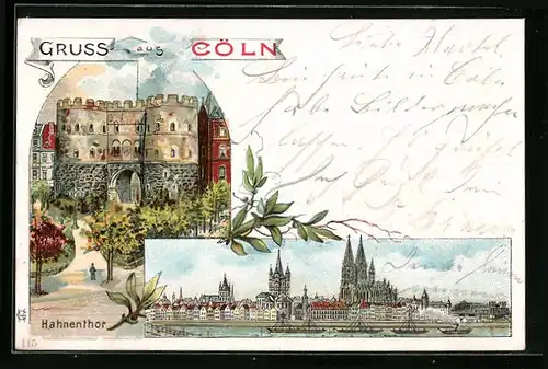 Lithographie Köln, Hahnentor, Teilansicht mit Rhein