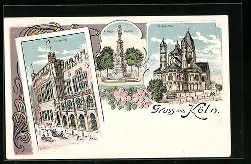 Lithographie Köln, Gürzenich, St. Aposteln, v. Werth Brunnen