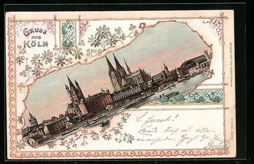 Lithographie Köln, Teilansicht mit Dom und Rheinufer