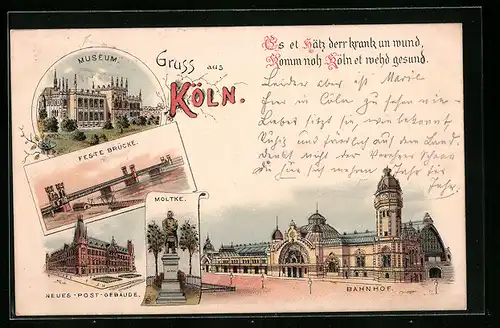 Vorläufer-Lithographie Köln, Museum, Feste Brücke, Moltke Denkmal, Neues Post-Gebäude, 1895