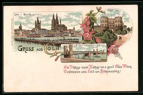 Lithographie Köln, Hahnentor, Eisenbahnbrücke, Teilansicht mit Dom