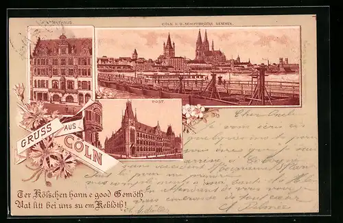 Lithographie Köln, Post, Rathaus, Gesamtansicht mit Schiffbrücke
