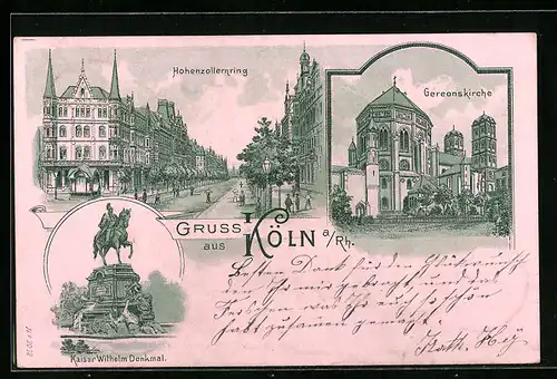 Lithographie Köln, Hohenzollernring, Gereonskirche, Kaiser Wilhelm Denkmal
