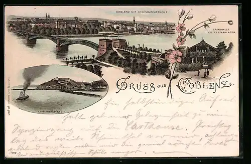 Lithographie Coblenz, Trinkhalle in den Rheinanlagen, Ehrenbreitstein, Teilansicht