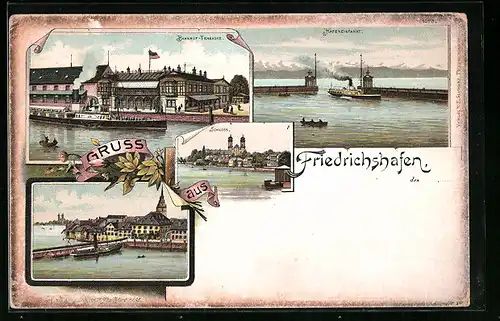 Lithographie Friedrichshafen a. B, Restaurant Bahnhof-Terrasse, Hafeneinfahrt, Schloss, Bahnhof