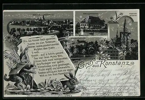 Mondschein-Lithographie Konstanz, Münster, Conciliumsgebäude, Totalansicht, Hase mit Schwert