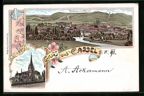 Lithographie Kassel, Panorama, Neue Kirche