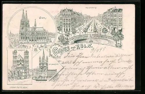 Lithographie Köln, Dom, Hohenstaufenring, St. Gereon, St. Martin