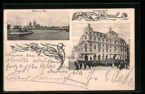 AK Köln, Monopol-Hotel, Totalansicht mit Dom und Schiffbrücke