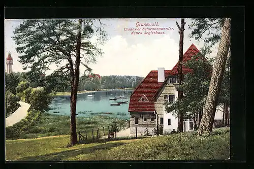 AK Berlin-Grunewald, Cladower Schwanenwerder, Neues Segelhaus, Grunewaldturm