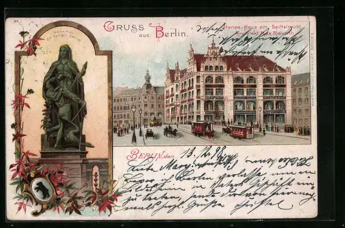 Lithographie Berlin, Hansa-Haus am Spittelmarkt, Denkmal der heiligen Gertrud