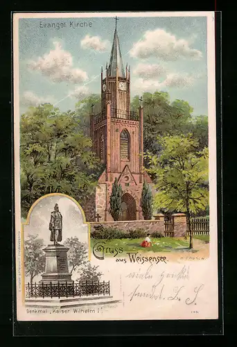 Lithographie Berlin-Weissensee, Denkmal Kaiser Wilhelm I., Evangel. Kirche