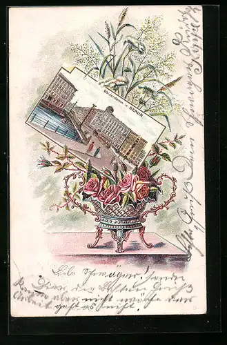 Lithographie Berlin, Weidendammbrücke mit Strassenbahn, Pfingstgruss, Passepartout