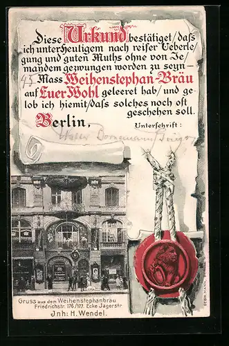 AK Berlin, Weihenstephanbräu in der Friedrichstr. 167 /177, Ecke Jägerstr., Urkunde für 45. Mass