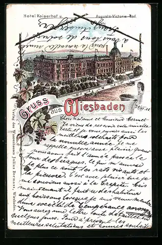 Lithographie Wiesbaden, Hotel Kaiserhof, Augusta-Victoria-Bad