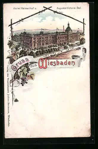 Lithographie Wiesbaden, Hotel Kaiserhof, Augusta-Victoria-Bad