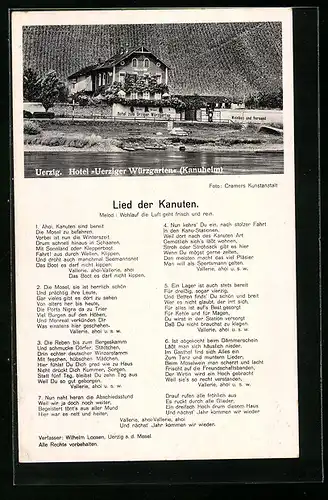 AK Uerzig, Hotel Uerziger Würzgarten (Kanuheim), Lied der Kanuten