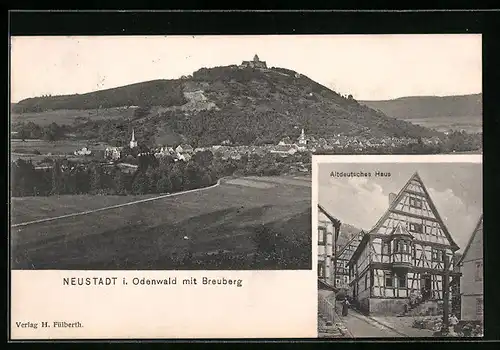 AK Neustadt i. O., Ortsansicht mit Burg Breuberg, Gasthof Altdeutsches Haus