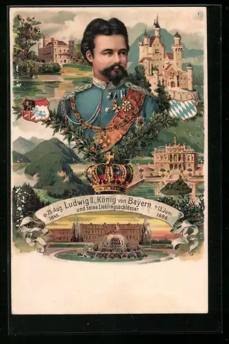 Lithographie Ludwig II., König von Bayern und seine Lieblingsschlösser