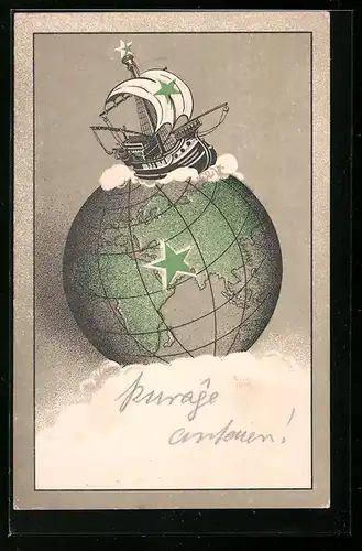 AK Segelschiff in tosenden Wellen auf einer Weltkugel, Esperanto