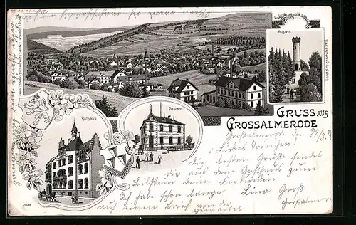 Lithographie Grossalmerode, Rathaus, Postamt, Bilstein, Totalansicht